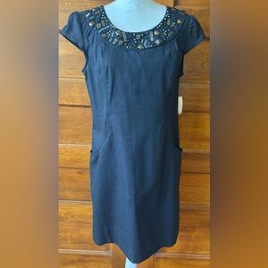 Dressbarn cap sleeve denim sheath dress with embellished neckline